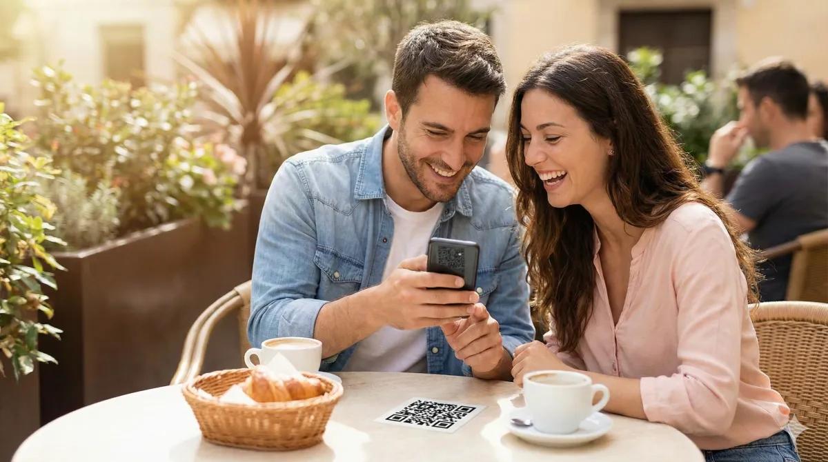 Pareja feliz usando menú digital en restaurante